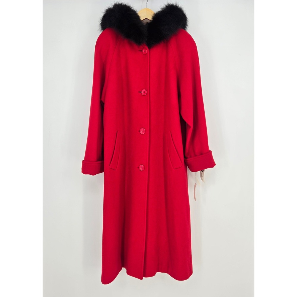 $500 NWT 100% Lambswool Real Fox Fur Hood Long Coat Red Black Womens 8 Vtg Wool